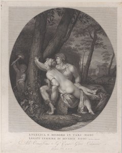 Angelica ligt over de schoot van Medoro en schrijft hun namen op een boomstam door Giovanni Folo