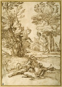 Een landschap met twee herdersjongens die rusten, terwijl een sater en een geit dansen door Giovanni Francesco Grimaldi