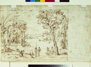 Landschap met figuren aan een rivier