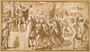 De keizer Constantijn, die zijn troepen toespreekt, geschrokken door de visie van het kruis in de lucht door Giovanni Francesco (c.1488 1528) Penni