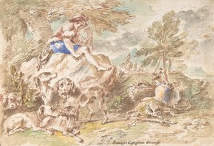 Jonge jager met zijn honden in een landschap
