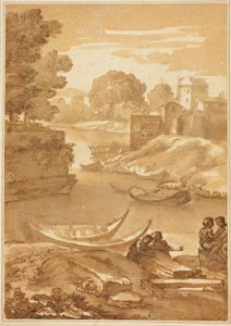 Figuren gezeten bij een rivier door Giovanni Francesco Grimaldi