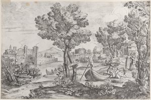 Landschap met een man die een slang vasthoudt voor een doodsbang kind, bekeken door een modieus geklede heer, 1626-80 door Giovanni Francesco Grimaldi
