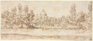 Rivierlandschap met uitzicht op de Sint-Pietersbasiliek door Giovanni Francesco Grimaldi