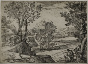 Vrouw, Haar Kind en een Staande Man in een Landschap door Giovanni Francesco Grimaldi