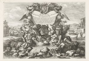 Fontein met opdracht aan en wapen van Livio Odescalchi door Giovanni Francesco Venturini