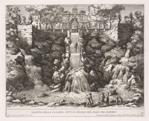 De fonteinen van Rome, Boek IV, plaat 21: Uitzicht op de waterval onder het orgel vanuit de tuin