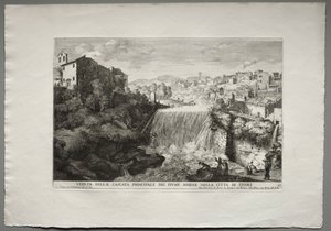 De fonteinen van Rome, Boek IV, plaat 27: Uitzicht op de belangrijkste waterval van de rivier Aniene in de stad Tivoli door Giovanni Francesco Venturini