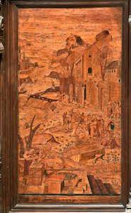 Genua, Duomo (Sint-Laurenskathedraal), binnen, apsis, koor, noordzijde: "Mozes gered uit het water", houtintarsia door Giovanni Francesco Zambelli (16e eeuw)