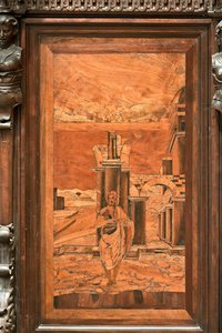 Genua, Duomo (Sint-Laurenskathedraal), binnen, apsis, koor, noordzijde: "De Doper in de wildernis", houtintarsia door Giovanni Francesco Zambelli (16e eeuw)