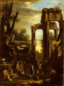 Capriccio van klassieke ruïnes en beelden met pratende figuren