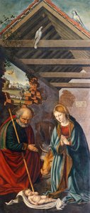 Aanbidding van het Kind, centraal paneel van drieluik met Geboorte met Heiligen Franciscus en Bartholomeus met twee schenkers door Giovanni Girolamo Savoldo