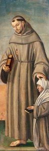 St. Franciscus en Commissaris, scharnier van drieluik die Geboorte met Heiligen Franciscus en Bartholomeus met twee donateurs afbeeldt door Giovanni Girolamo Savoldo