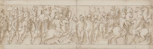Een Sarmatisch dorp wordt vernietigd onder de ogen van de keizer (XCVIII en begin van IC); barbaren kijken toe vanaf een tribune (CVI); Marcus Aurelius ontvangt een Duitse boodschapper te paard (CVII) door Giovanni Guerra