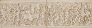 Gevangen vrouwen worden weggevoerd; parade van de lijfwachten; Marcus Aurelius offert bij een altaar; Marcus Aurelius kijkt naar een aanval