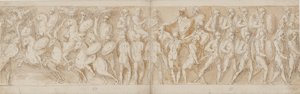 Romeinse cavalerie; een afgehakt hoofd en een Duitse gevangene worden voor de keizer gebracht; Romeinen in opmars door Giovanni Guerra