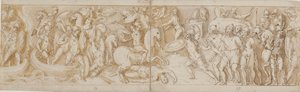 Romeinse soldaten steken een rivier over in boten (grotendeels restauratie; XXXIV)2; een vechtende Romeinse soldaat (van het einde van XXIV); Romeinse bewakers brengen barbaarse gevangenen voor de keizer (weggelaten in de tekening; einde van XXV); begin va