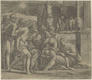 Aanbidding door de herders door Giovanni Jacopo Caraglio
