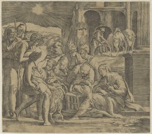 Aanbidding door de herders door Giovanni Jacopo Caraglio