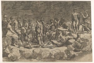 Vergadering van de Goden na de plafondcompositie in de Loggia di Psiche, Villa Farnesina..., 1527