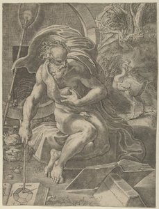 Diogenes zittend met zijn vat achter zich, en een boek lezend terwijl hij een stok vasthoudt door Giovanni Jacopo Caraglio