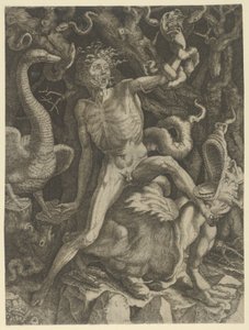 Furie gepersonifieerd als een oude man rijdend op een monster, met een schedel in zijn linkerhand