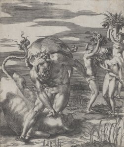 Hercules verslaat de riviergod Achelous in de vorm van een stier, met drie vrouwen door Giovanni Jacopo Caraglio