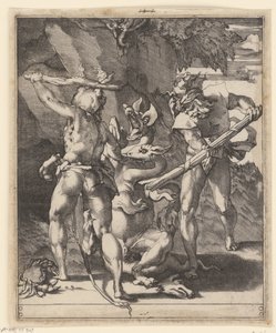 Hercules in gevecht met de hydra van Lerna Scènes met Hercules (serietitel) door Giovanni Jacopo Caraglio