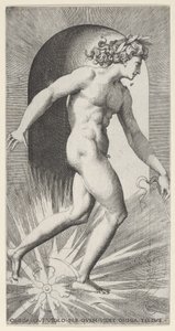 Apollo rijdt zijn wagen in een nis, naar rechts gericht, uit een serie mythologische... door Giovanni Jacopo Caraglio