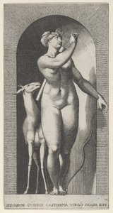 Plaat 12: Diana staand in een nis, draaiend naar links en een pijl trekkend door Giovanni Jacopo Caraglio