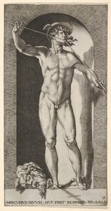 Blad 14: Mercurius staande in een nis spelend op zijn pijpen, met het afgehakte hoofd van een oude man, 1526