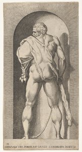 Plaat 15: Hercules staand in een nis, gekleed in een leeuwenhuid en een knots vasthoudend, gezien van...