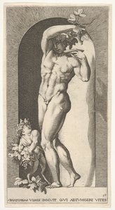 Bacchus staande in een nis, druiven houdend boven een bord, vergezeld door een kind door Giovanni Jacopo Caraglio
