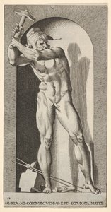 Plaat 19: Vulcanus staande in een nis zwaaiend met een hamer, met een aambeeld, hamer en tangen door Giovanni Jacopo Caraglio