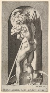 Saturnus in een nis die zijn zoon verslindt, staand voor een zeis, uit een serie door Giovanni Jacopo Caraglio