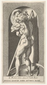 Plaat 1: Saturnus in een nis die zijn zoon verslindt, staand voor een zeis, uit een serie van m..., 1526 door Giovanni Jacopo Caraglio