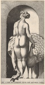 Plaat 4: Juno staand in een nis, van achteren gezien, een pauw strelen aan haar rechterkant, fr..., 1526 door Giovanni Jacopo Caraglio