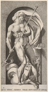 Neptunus staand in een nis met een drietand, met een hippocampus zeepaard door Giovanni Jacopo Caraglio