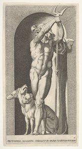 Plaat 7: Pluto in een nis, met een tweetand, met Cerberus naast hem, uit een serie van m..., 1526 door Giovanni Jacopo Caraglio