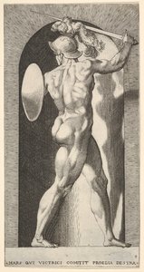 Mars in een nis, een zwaard boven zijn hoofd houdend met zijn rechterarm, en een schild door Giovanni Jacopo Caraglio