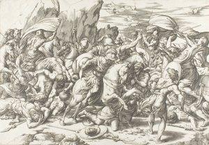 De strijd om het schild en de lans door Giovanni Jacopo Caraglio