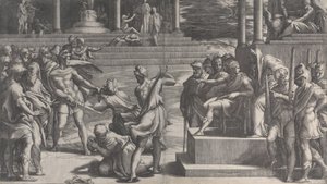 Het Martelaarschap van Sint-Paulus en de Veroordeling van Sint-Petrus door Giovanni Jacopo Caraglio