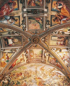 Detail van het gewelf van het priesterkoor met de Kruisiging, door Giovanni Lanfranco, en scènes uit het Oude en Nieuwe Testament, door Giovanni Bernardino Azzolino, Certosa van San Martino, Napels, Campania, Italië door Giovanni Lanfranco