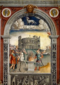 Teken van de dierenriem: “De ram” Boven medaillons met portretten van Julius Caesar en Augustus. Hieronder, legende geassocieerd met de geboorte van het sterrenbeeld dat overeenkomt met het teken: Caius Mucius Scaevola, geïntroduceerd in het vijandelijke k