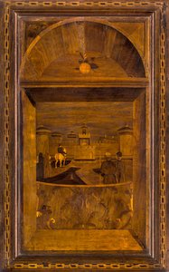 Lignaean Canonical Choir, Ingelegd door Giovanni Maria Platina 1484, Bovenste Stallo, Uitzicht op het Sforzesco-kasteel van Milaan