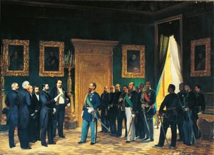 Tweede Onafhankelijkheidsoorlog - Victor Emmanuel van Savoye ontvangt Toscaanse gezanten met het Decreet van de Annexatie van Toscane bij het Italiaanse Koninkrijk door Giovanni Mochi