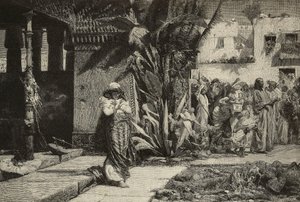 Magdalena, vrouw met tulband en processie in Midden-Oosters dorp, gravure door Cantagalli broers naar schilderij van Giovanni Muzzioli (1854-1894), Modena, Italië uit L