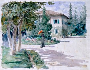 Rode paraplu door Giovanni Muzzioli (1854-1894)
