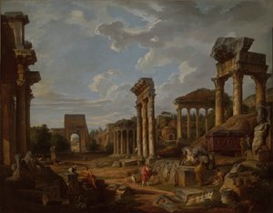 Een Capriccio van het Romeinse Forum door Giovanni Paolo Panini