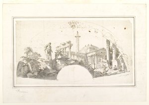 Ontwerp voor een waaier: Capriccio met Romeinse ruïnes en de Farnese Hercules door Giovanni Paolo Panini